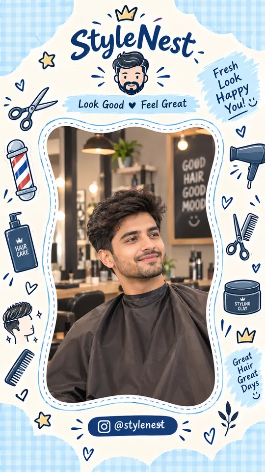 Sample LoudBuzz selfie and reel photo frame for a men’s salon